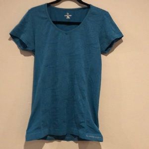Moving Comfort Women’s Short Sleeve V Neck Tee Shirt Size L/XL Teal Blue